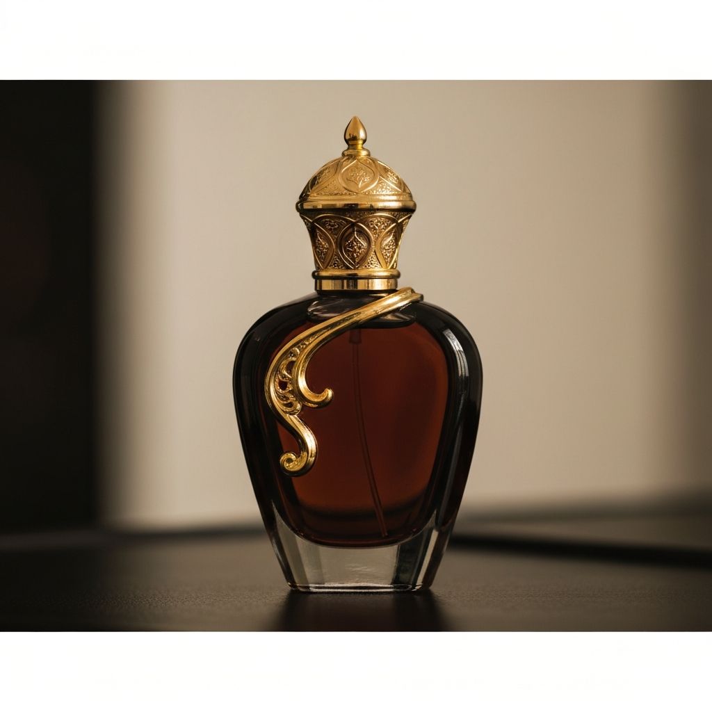 Frasco de perfume árabe elegante com detalhes dourados
