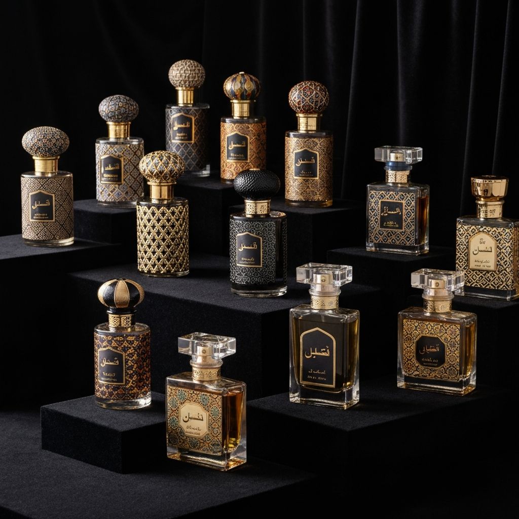 Coleção de perfumes árabes premium em exposição